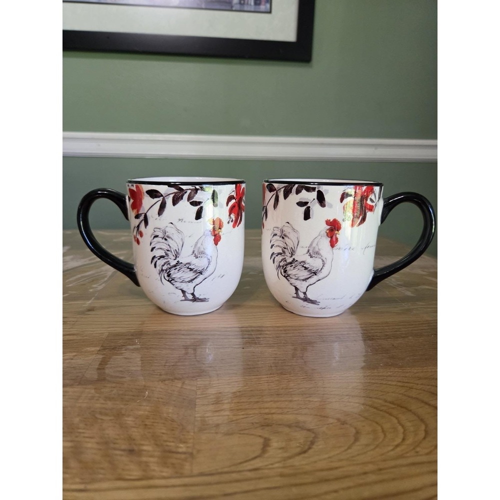 Cracker Barrel  Rooster Mug 2021 Black Red Floral Set of 2